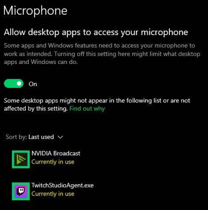 Apps using the microphone sorted by last used time