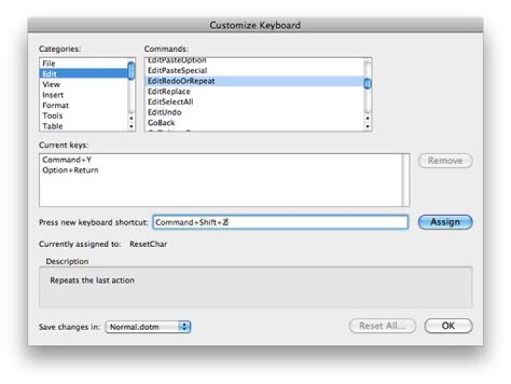 Can I change keyboard shortcuts for Redo in MS Word for Mac?