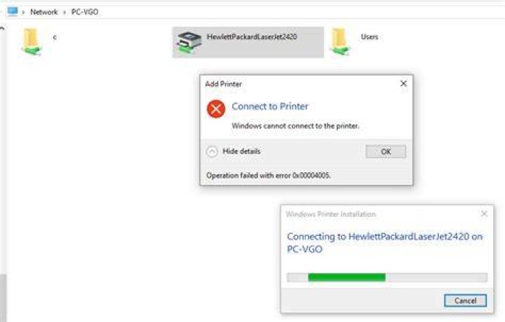 Cannot connect to a shared printer on local network; error 0x00004005