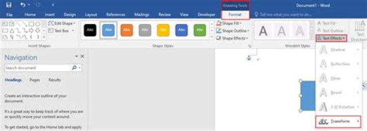 Cannot find the Text Effects >Transform option as indicated in Word Help for Word 2016