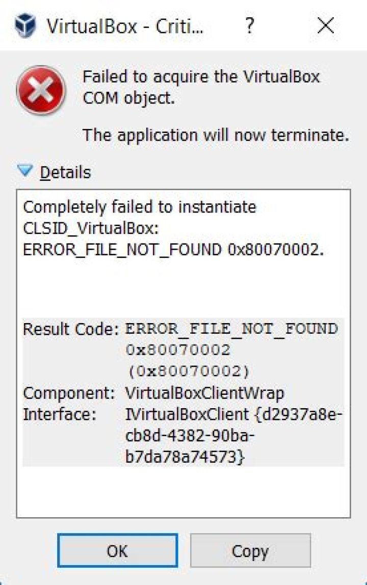 Cannot start VirtualBox on Windows 10 - (Failed to acquire the VirtualBox COM object)