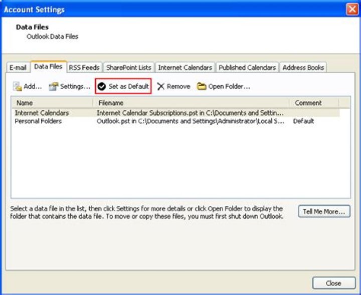 Change default Outlook calendar