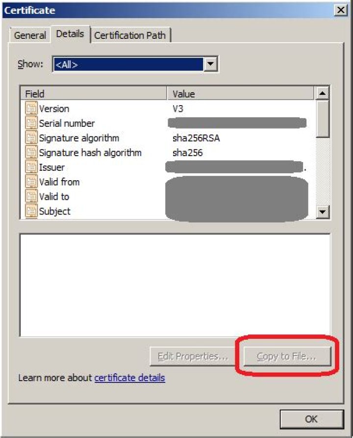 "Copy to File..." button is disabled in certificate dialog