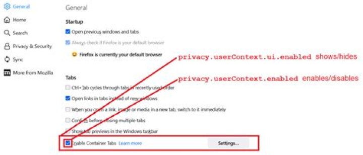 "Enable Container Tabs" option missing in Firefox 97 on Ubuntu 20.04