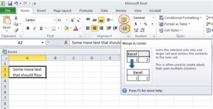 Excel - How do I make the text in a cell flow over into the cell below