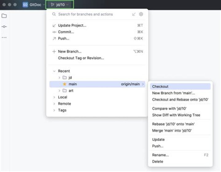 Git branches menu