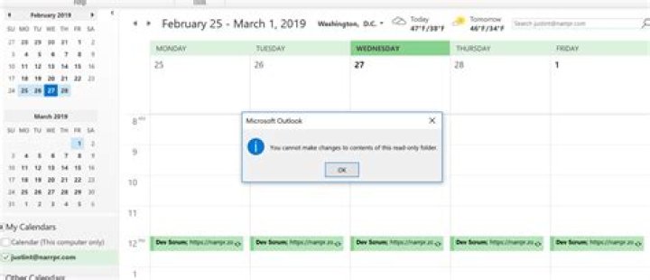 Google calendar synced to Outlook can't add or modify events