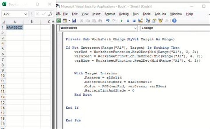 How are cell colors in Excel set to the hexadecimal RGB value that they contain?