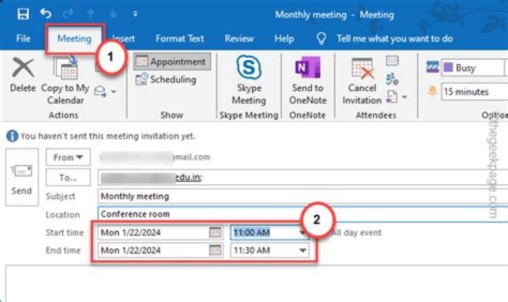 How can I adjust start and end time for reoccuring meetings in Outlook?
