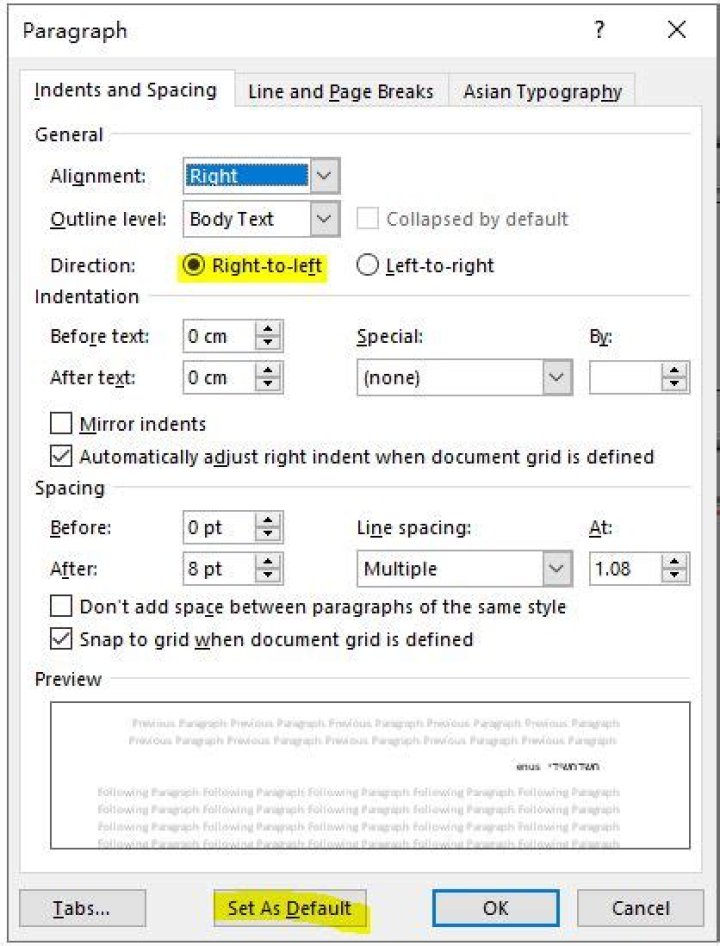 How Can I apply "Right-To-Left Text Direction" in Word2016 by default?