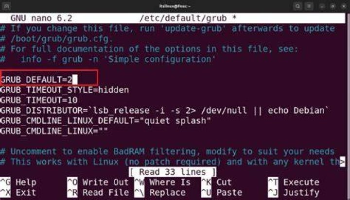 How can I change the default boot menu option from the grub command line?