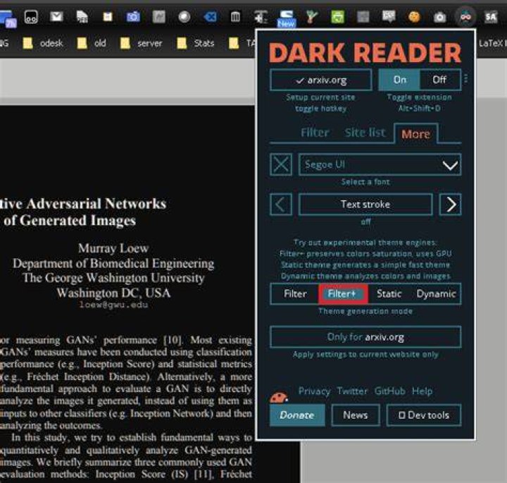 How can I configure the Dark Reader Google Chrome extension so that the Filter+ mode is only activated for PDFs?