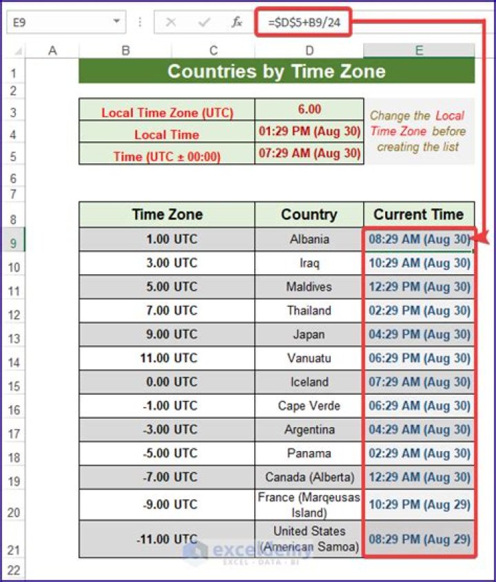 How can I display a UTC date time value in the user's local time zone in Excel?