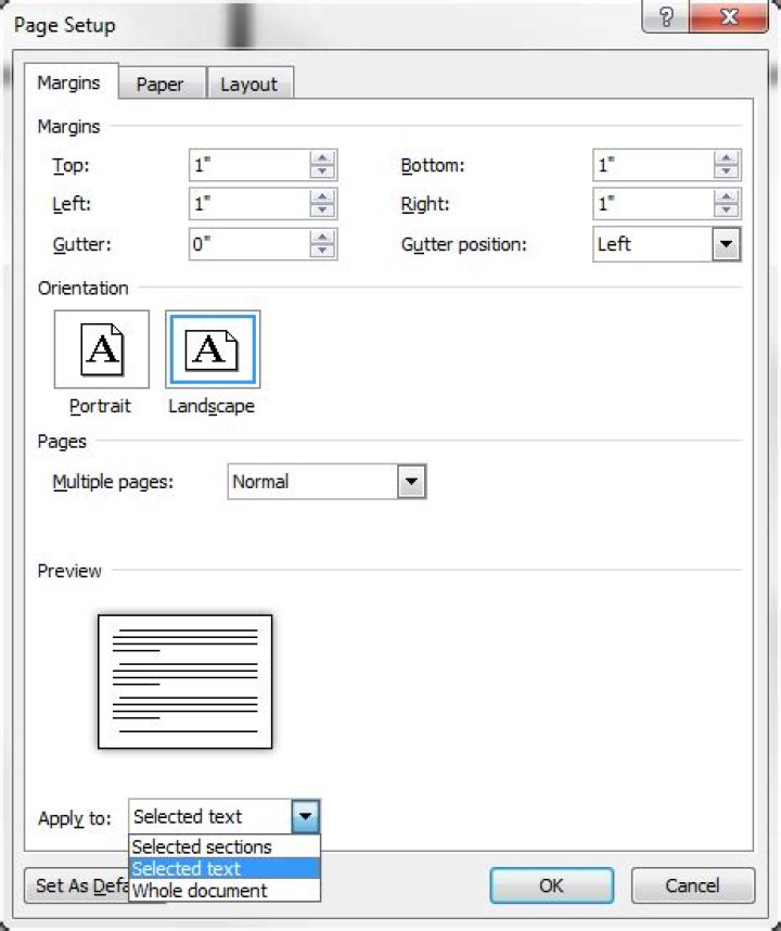 How can I set the orientation of a single page in a multi-page document in Word 2007-2010?