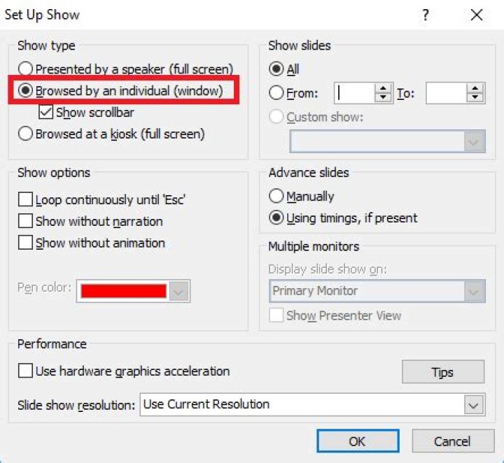 How can I view a PowerPoint slideshow in windowed mode (ie, not full screen)?