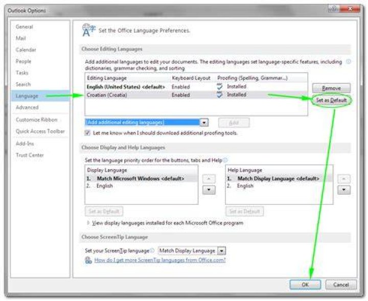How do I force Outlook to use a given proofing language all the time?