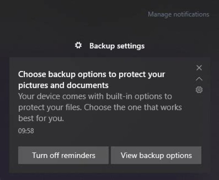 How do I permanently disable the backup "Choose backup options" notification in Windows 10?