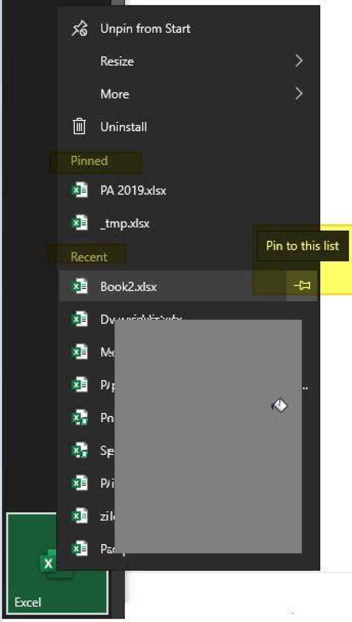 How do I pin an Excel file to the Excel start menu icon?