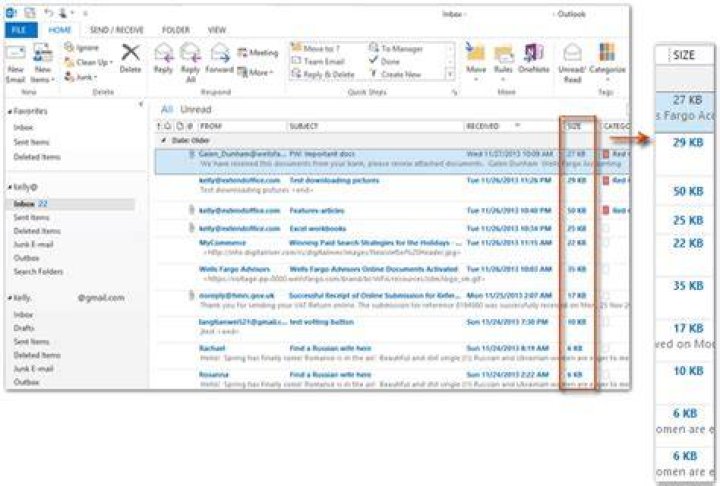 How do you show email size in Outlook 2010?