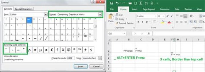 How to add line on the top of the text in excel 2016