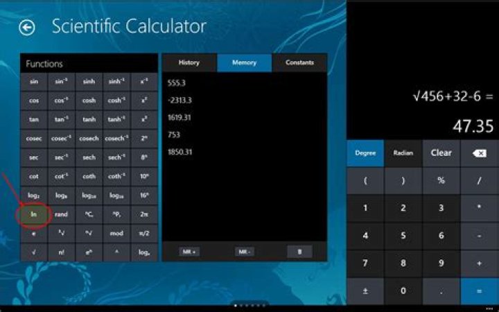 How to calculate natural logarithm in the Windows 10 calculator app?