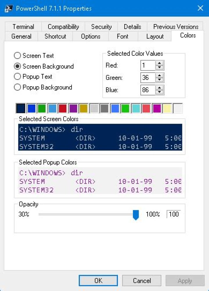 How to change the background color of the console window a .lnk opens programmatically?