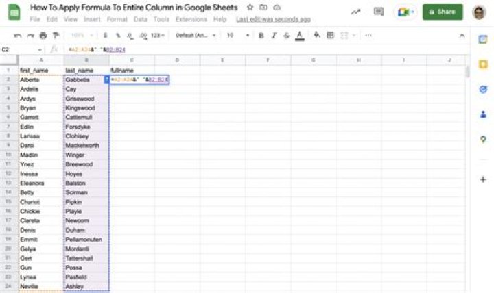 How to create a formula for every row in a column in Google SpreadSheet?