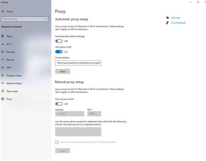 How to disable proxy setup script on Windows 10 using a script?