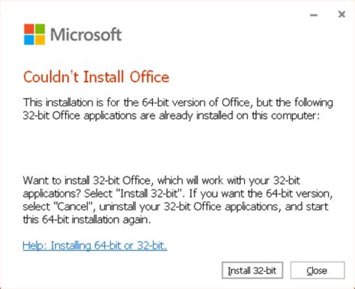 How to resolve: "You cannot install the 32/64 bit version of Microsoft Access Database Engine because you currently have 64/32 bit Office"?