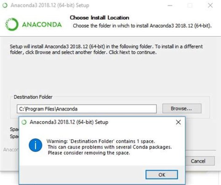 I'm getting an error indicating that the file path has a space in the name when installing Anaconda on Windows 10