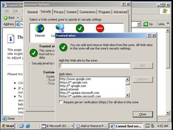 Internet Explorer cannot open sites on Windows 2003