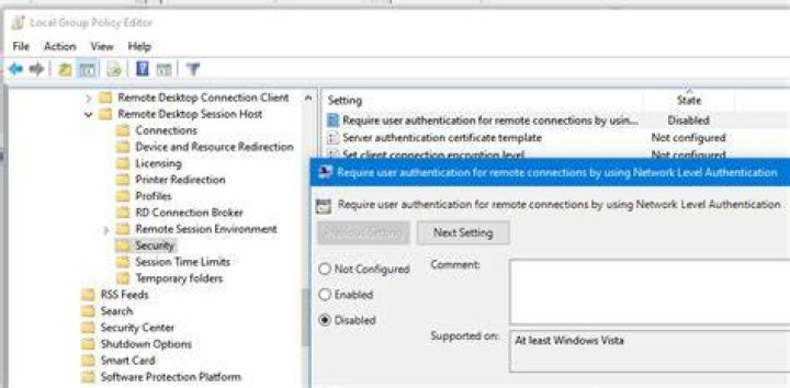 Is it possible through group policy to disable NLA for specific computer