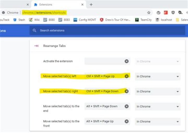Keyboard shortcuts to arrange Chrome tabs on Windows?