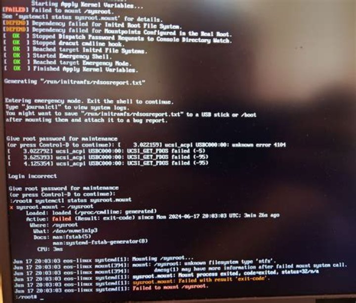 Linux install error " dracut Warning: Can't mount root filesystem. "