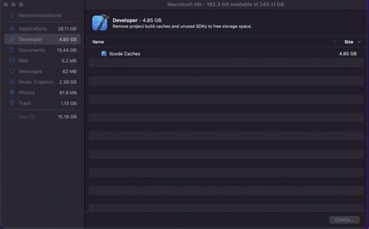 MacOS: Cannot delete "Xcode Caches" under System Information > Storage Management