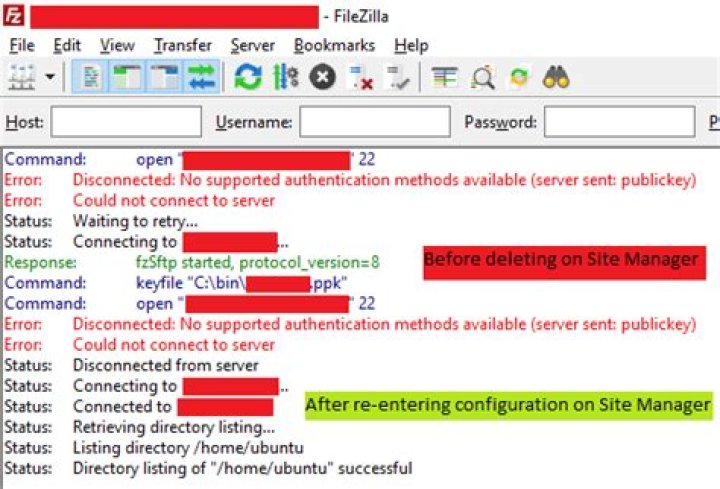 No supported authentication methods available in FileZilla