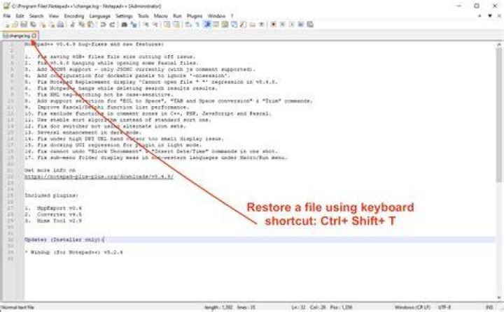 Open recently closed file in Notepad++ using keyboard shortcut