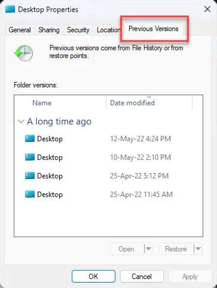 Previous Versions tab in Properties