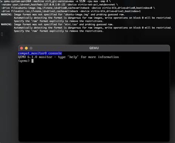 QEMU aarch64 on ARM Mac never boots and only shows (qemu) prompt
