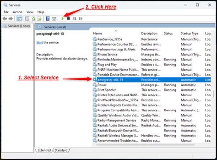 Running postgres as a service on windows starts and stops immediately