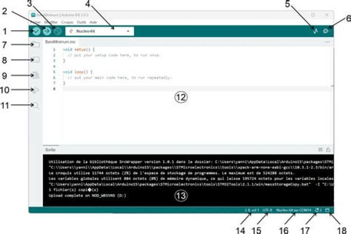 Screenshot from the Arduino IDE, menu command Tools &rarr; Serial Port &rarr; COM14 shown