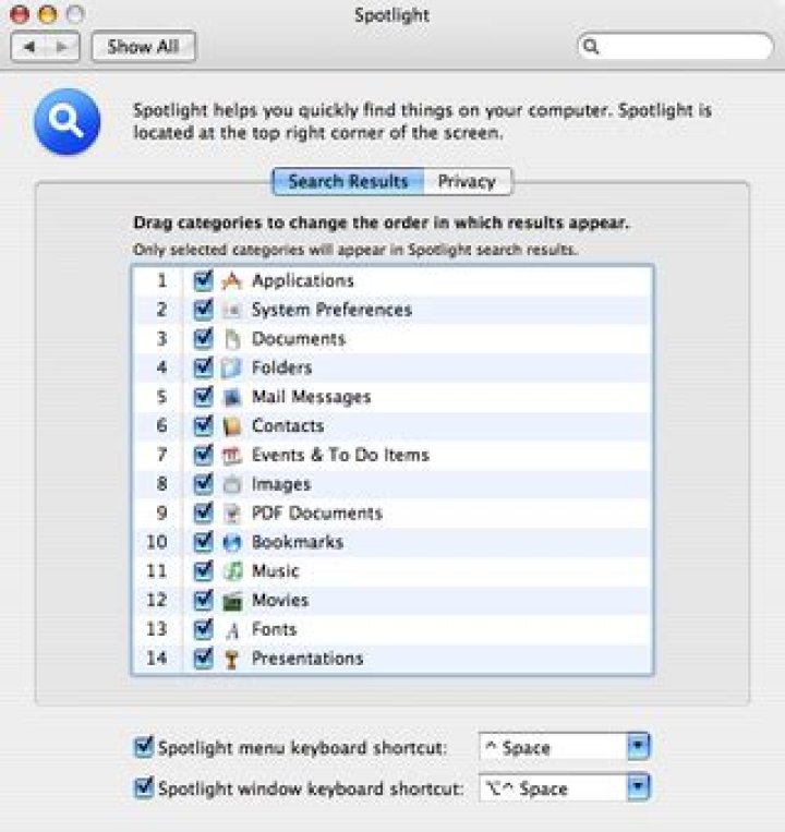 Spotlight system preferences