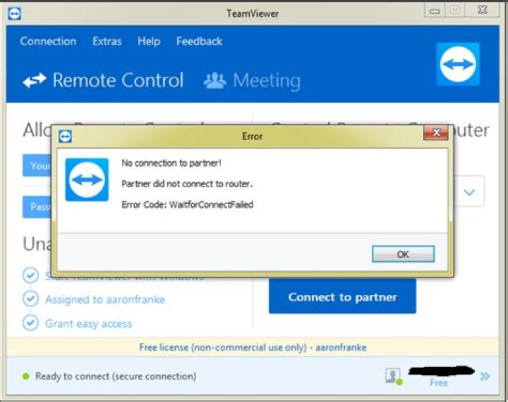 Teamviewer connection error: "Partner did not connect to router", "WaitforConnectFailed"