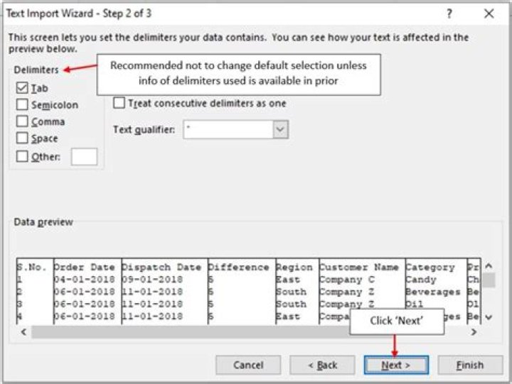 Text Import Wizard - Step 2