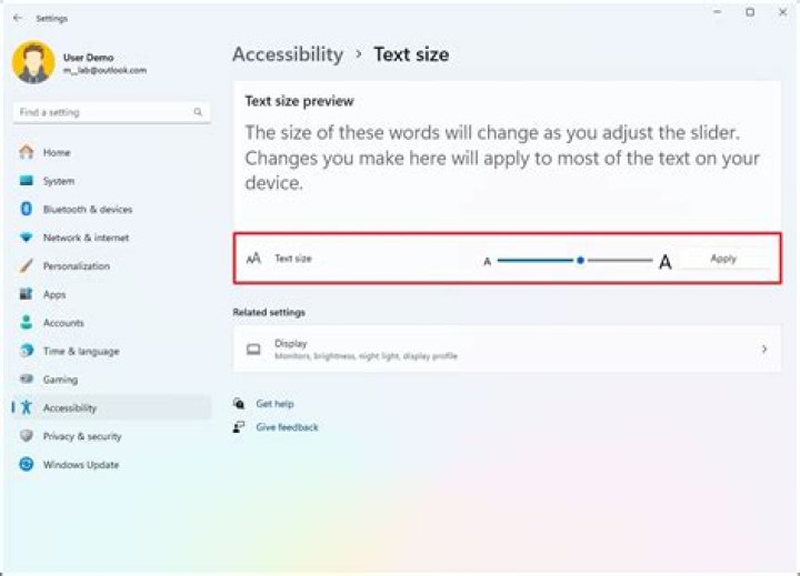 Text size settings window