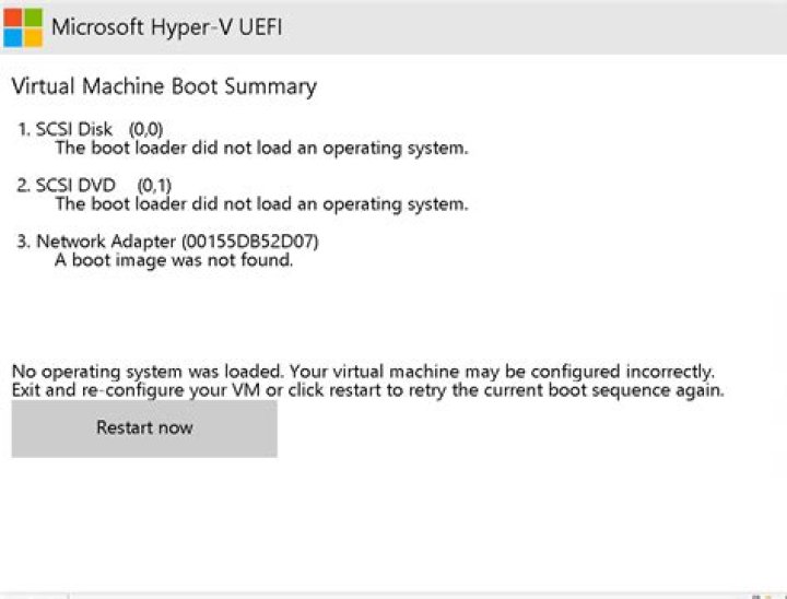 "The boot loader did not load an operating system" for windows 10 hyper-v VM