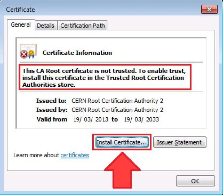 This CA Root certificate is not trusted because it is not in the Trusted Root Certification Authorities store