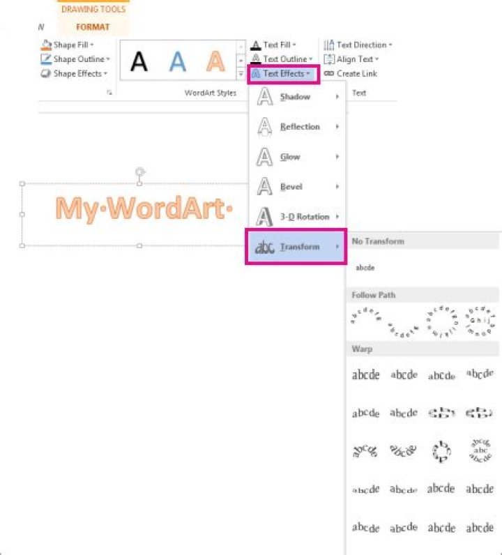 Transform option for Word Art