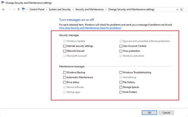 turn off messages for Security and Maintenance (Action Center) items in windows 10