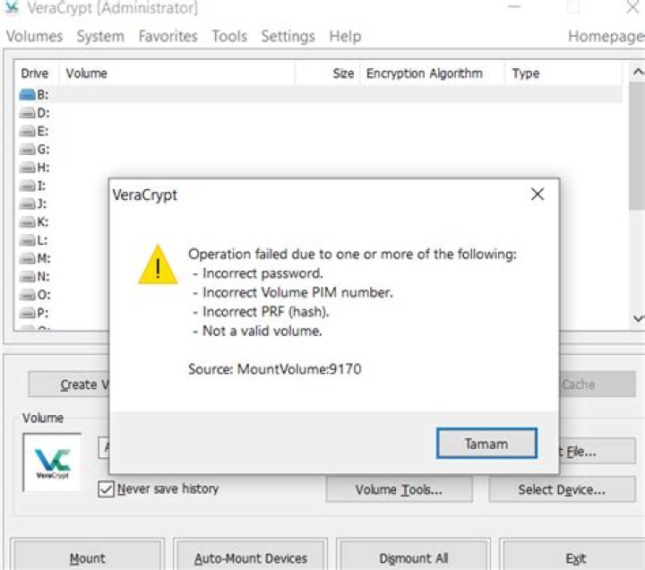 VeraCrypt MountVolume:9170 Error